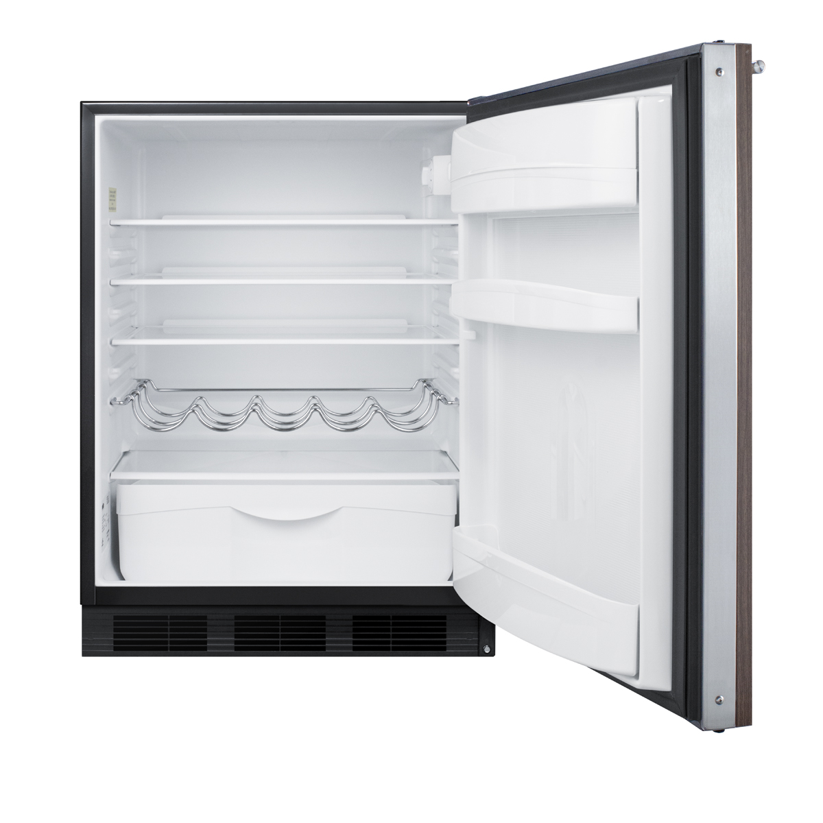 ADA compliant built-in undercounter all-refrigerator for residential use, auto defrost, deluxe interior and black exterior finish, with pre-installed engineered wood panel door in a walnut finish